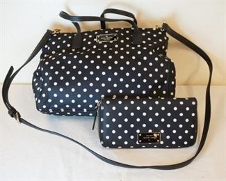 1031	KATE SPADE POLKA DOT BAG WITH METAL TAG AND MATCHING WALLET, APPROXIMATELY 10 IN L X 8 IN H X 3 IN
