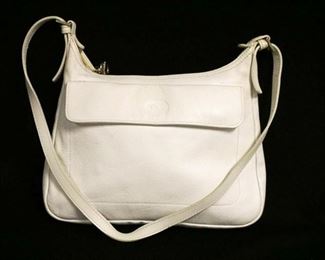 1043	LONGCHAMP WHITE LEATHER BAG, INTERIOR DIRTY, APPROXIMATELY 10 1/2 IN L X 8 IN H X 1 1/2 IN
