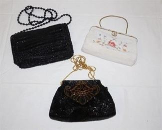1070	3 VINTAGE BEADED BAGS, WHITE ONE IS BY REAL POINTE BEAVIAS FRANCE, VANESSA OF PARIS NEW YORK LONDON AND BLACK ON IS BY HASHIMOTO  DELILL
