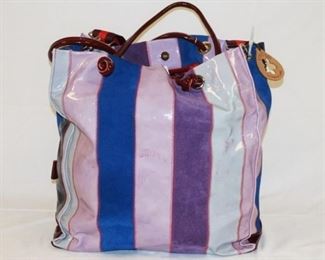 1088	CATERINA LUCCHI MULTI COLORED STRIP LEATHER TOTE MADE IN ITALY. APPROXIMATELY  15 1/2 IN L X 1 1/2 IN H X 6 IN

