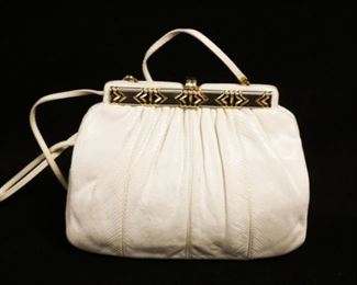 1094	JUDITH LEIBER WHITE LEATHER EVENING BAG, APPROXIMATELY 8 1/2 IN L X 7 1/2 IN H X 2 IN
