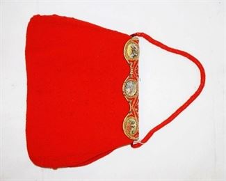 1097	RED BEADED BAG WITH PORTRAIT MEDALLIONS ON CLASP, MARKED CHUNN 43 RUE RICHER PARIS FRANCE.  TAINING INSIDE AND SOME BEADING ON CLASP NEEDS REPAIR. APPROXIMATELY 10 IN L X 7 IN H

