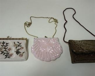 1115	3 BEADED EVENING BAGS, WHITE ONE IS DELILL, PINK ONE IS COLORIFFICES AND GOLD ONE IS GENIE
