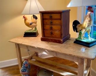 Antique pine table and vintage chicken/rooster lamps