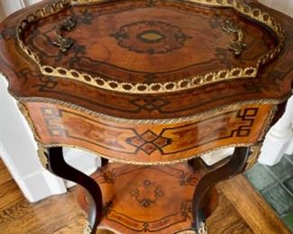 Antique inlaid wood French side table with hidden compartment 