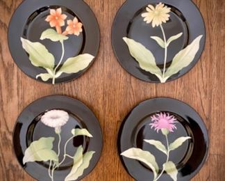 Fitz and Floyd "Fleurs de Minuit" black plates with floral design