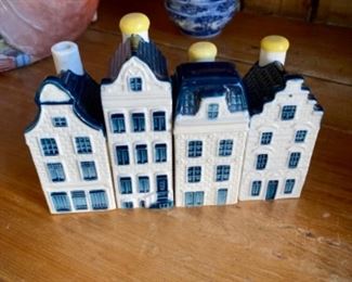 Vintage KLM business-class ceramic liquor bottles in shape of houses