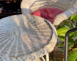 Vintage white wicker chair, table, and rocker