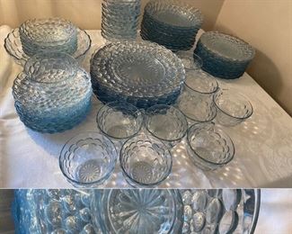 Huge Set of Blue Sapphire Depression Bubble Glass
10 Dinner, Salad, & 12 Bread Plates, 5 Cereal & 12 Berry Bowls, 12 Cups & Saucers, Fruit Serving  Bowl, 2-12” Serving Platter, Cream & Sugar 