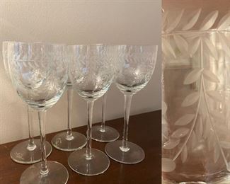 Set 6 Vintage Etched Crystal Wine Glasses