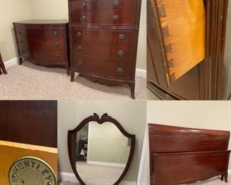 Vintage Huntley Duncan Phyfe Style Bow Front Dresser, Chest of Drawers, & matching Headboard, Footboard & Mirror 