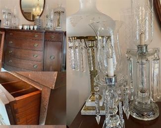 2 Sets of Antique 1940’s Hurricane Lamps with Crystal Prisms 
Pair neoclassical Sinumbra style electric table lamps etched glass shade over double socket base  reeded Corinthian column pedestal Original starburst etched Crystals