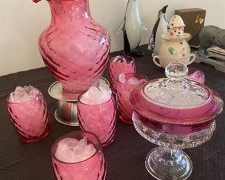 Vintage Cranberry Glass Pitcher and Glasses