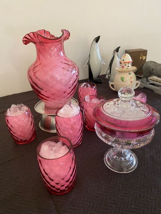 Vintage Cranberry Glass Pitcher and Glasses