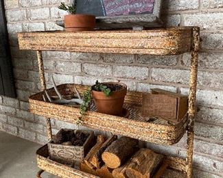 rustic three-tiered, antique rolling cart