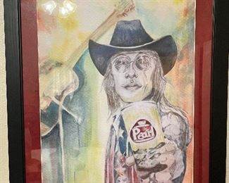 colored pencil drawing of Doug Sahm holding Pearl beer can, with guitar in background, matted and framed