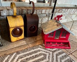 vintage railroad lanterns and birdhouse