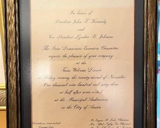 Invitation to Pres. John F. Kennedy dinner, Nov. 22, 1963.