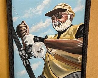 saltwater fisherman portrait, framed oil on canvas