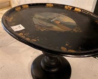 Antique papier mache table with mother-of-pearl inlay image of Lake Como.