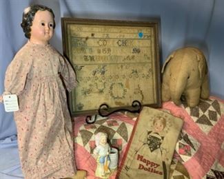 Fabulous early Glass-eyes Paper Mache’, Sampler dated 1857, early quilt,cloth books, and figure.