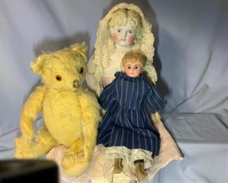 1920’s Bear, China, and Bisque-headed doll. 