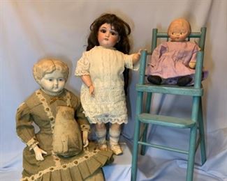 Superior doll, Arnold Print works pug dog, Jutta Doll, and carnival google in 1930’s high chair. 