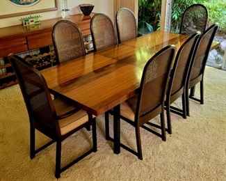 Fantastic contemporary/ midcentury style Rosewood top dining set. 2 leaves, 8 chairs, expands to 10 ft