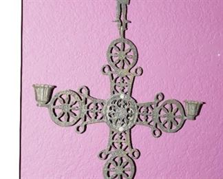 Super cool vintagei ron Byzantine Wall Cross Candle Holder About 2ft long.