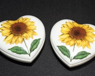 Limoge heart shaped sunflower trinket boxes.