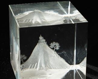 Frosted church on the mountain paperweight-signed