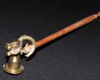 Carved wood brass ram candle snuffer