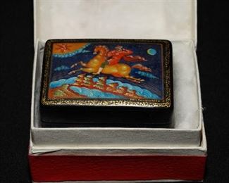 Rectangular Flying Horse Russian Lacquer Box - Signed