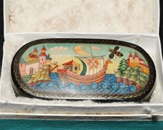 Oval Lucy Maxym Russian "Ship on Ocean" Lacquer Box