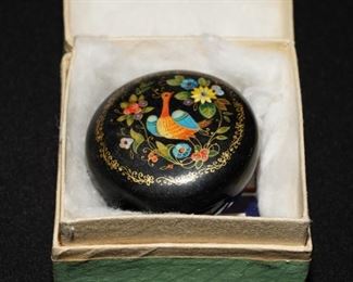 Small "Peacock" Circular Russian Lacquer Box USSR