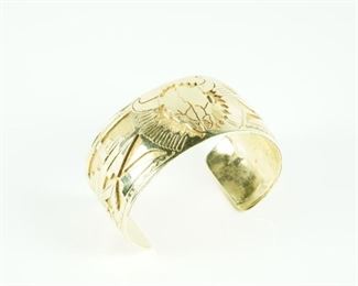 14k gold etched cuff bracelet by Carlos White Eagle-Apache