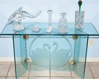 Leon Rosen etched glass swan table-there is a small chip on the edge of one panel of glass. 