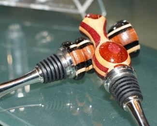 Inlaid carved wood wine bottle stoppers