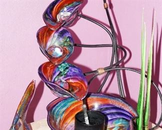 Scherer Gallery blown glass fountain with fish sculpture and reeds by Tom Bloyd.