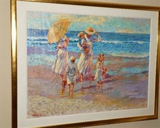 Mom with children at beach oil on canvas by Don Hatfield