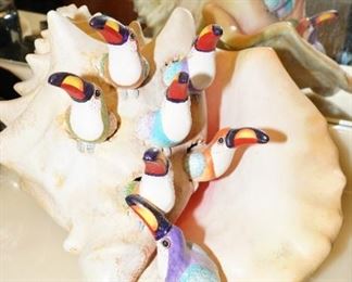 Sergio Bustamante conch shell with toucans sculpture