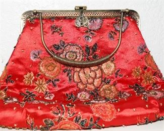 Beaded red floral silk handbag