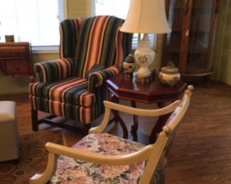 Striped wingback chair$140.00; Pair of octagon side tables $90. each; cream side chair (2 available) $65.00 each