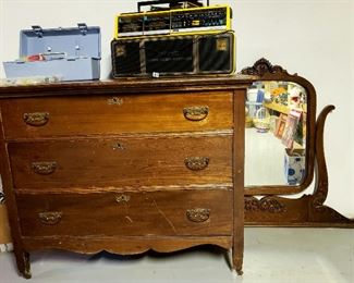Vintage three drawer dresser has cheval mirror, tackle box and MLHC speaker system unit