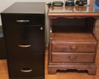 Three drawer file cabinet w/key, night stand & clocks