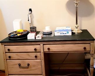 Student desk, lamp & assorted office supplies