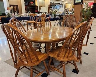 Oak table, leaf, 6 chairs