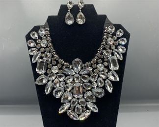 White Rhinestone Statement Necklace and Earrings