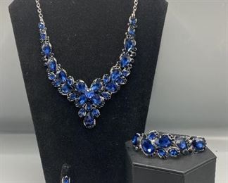 Brilliant Blue Rhinestone Necklace, Earrings, Bracelet, and Ring
