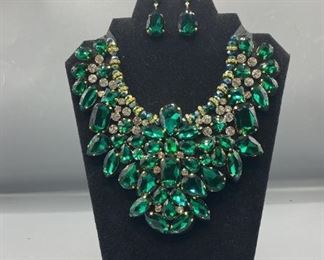 Green Rhinestone Statement Necklace and Earrings
